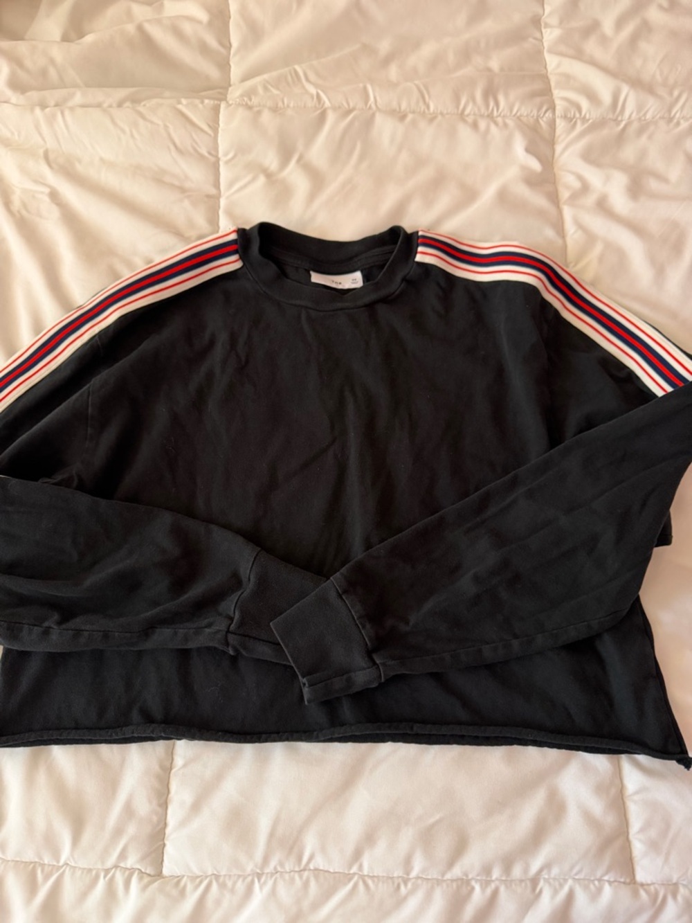 Aritzia TNA Black Crop Long Sleeve Top with Red, White & Blue Shoulder Stripes